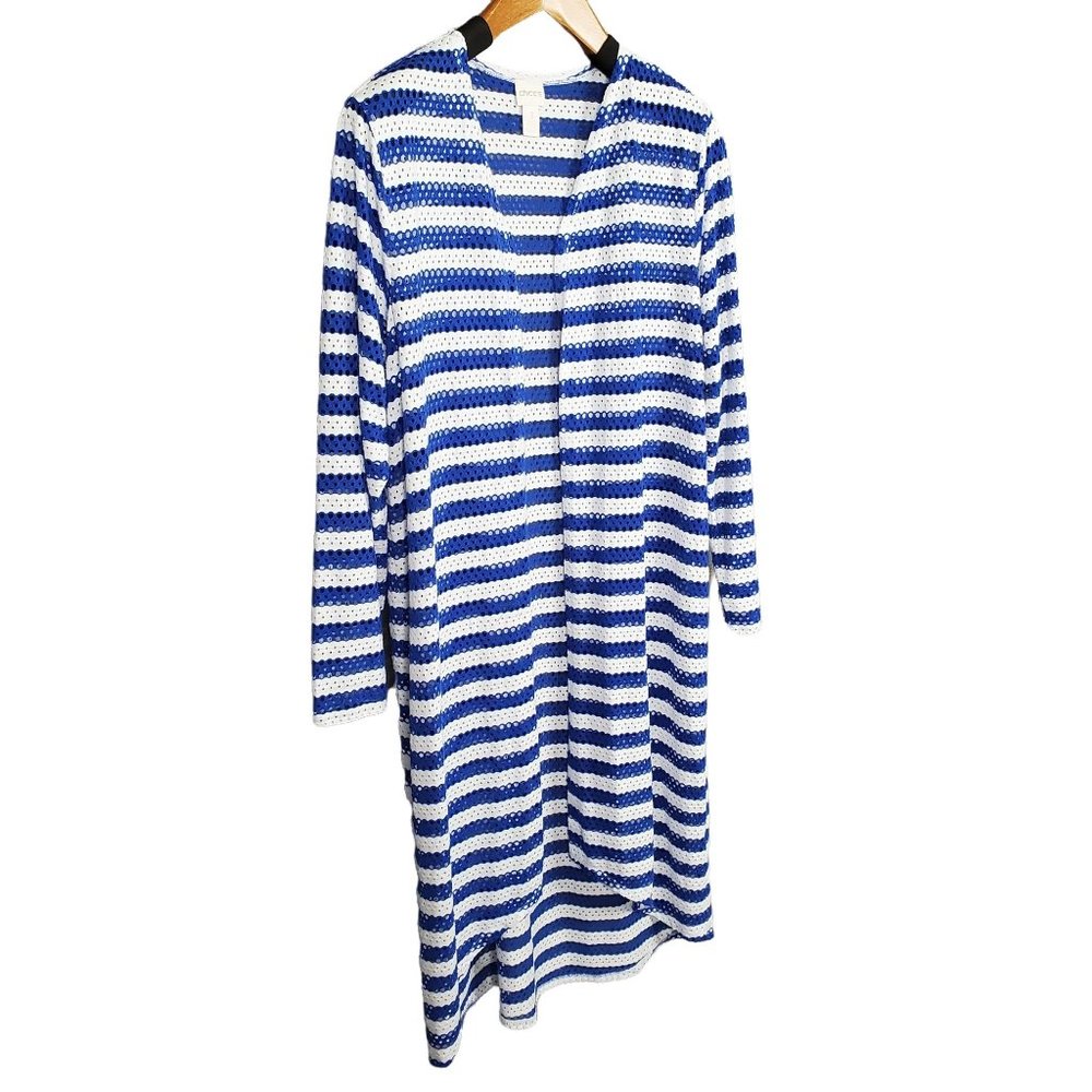 Chico's 3 Size XL Jacket Tess Cardigan Cover Up Eyelet Mesh Striped Flowing - Picture 1 of 8